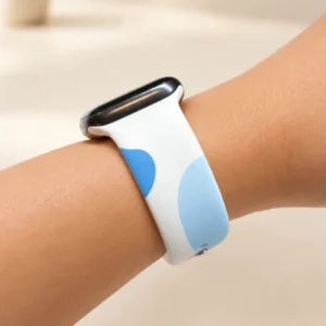 White silicone apple watch band for women with danish pastel abstract geometric pattern.