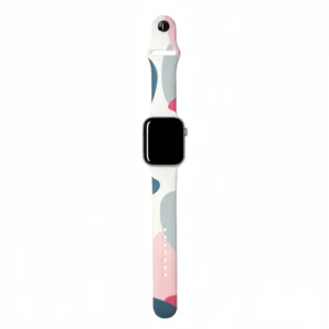 White silicone apple watch band for women with danish pastel abstract geometric pattern.