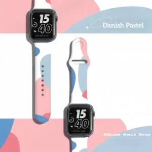 White silicone apple watch band for women with danish pastel abstract geometric pattern.