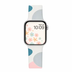 White silicone apple watch band for women with danish pastel abstract geometric pattern.