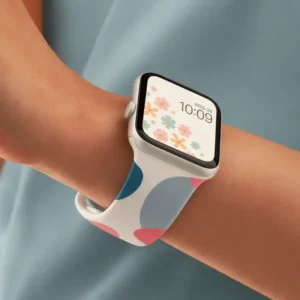 White silicone apple watch band for women with danish pastel abstract geometric pattern.