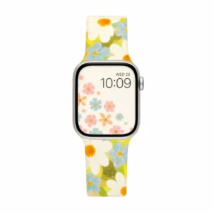 Cream silicone apple watch band for women with oil painting style white and blue flowers.