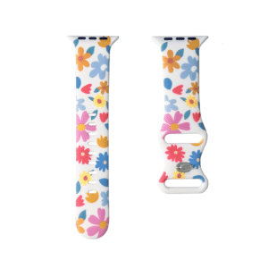 White silicone Apple Watch band with colorful pink blue and yellow retro flower pattern.