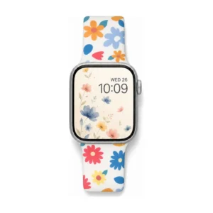 White silicone Apple Watch band with colorful pink blue and yellow retro flower pattern.