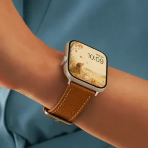 Pumpkin brown Vegan PU Leather Apple Watch Strap with white stitching and slim tapered design.