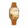 Pumpkin brown Vegan PU Leather Apple Watch Strap with white stitching and slim tapered design.