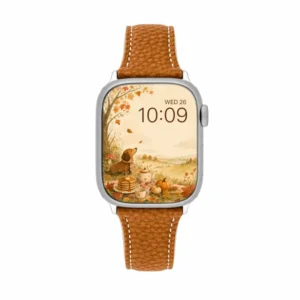 Pumpkin brown Vegan PU Leather Apple Watch Strap with white stitching and slim tapered design.