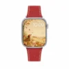 Red Vegan PU Leather Apple Watch Strap with white stitching and slim tapered design.