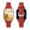 Red Vegan PU Leather Apple Watch Strap with white stitching and slim tapered design.
