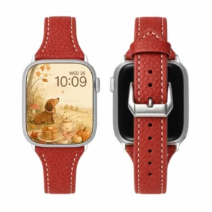 Red Vegan PU Leather Apple Watch Strap with white stitching and slim tapered design.