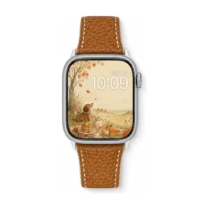 Pumpkin brown Vegan PU Leather Apple Watch Strap with white stitching and slim tapered design.
