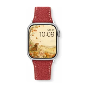 Red Vegan PU Leather Apple Watch Strap with white stitching and slim tapered design.