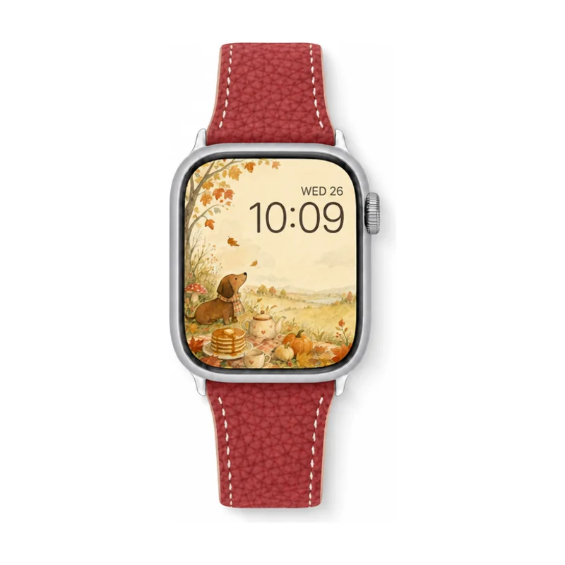 Red Vegan PU Leather Apple Watch Strap with white stitching and slim tapered design.
