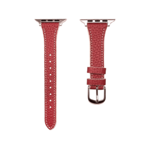 Red Vegan PU Leather Apple Watch Strap with white stitching and slim tapered design.