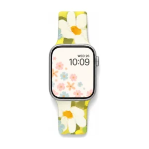 Cream silicone apple watch band for women with oil painting style white and blue flowers.