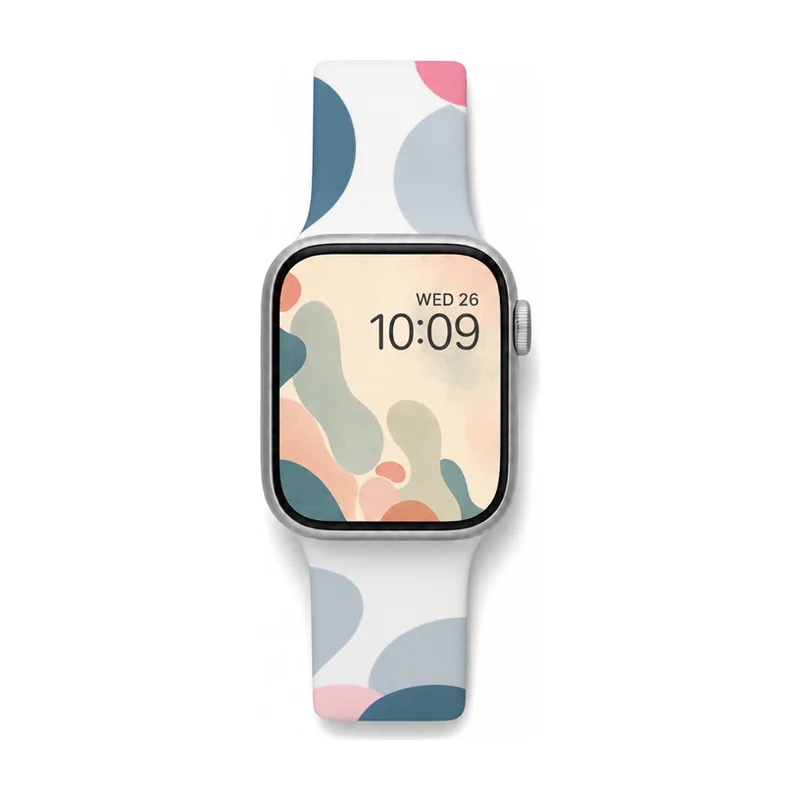 White silicone apple watch band for women with danish pastel abstract geometric pattern.