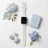 Pretty White Silicone Apple Watch Band with Baby Blue Bow Pattern Modern Vintage Wristband for Women.