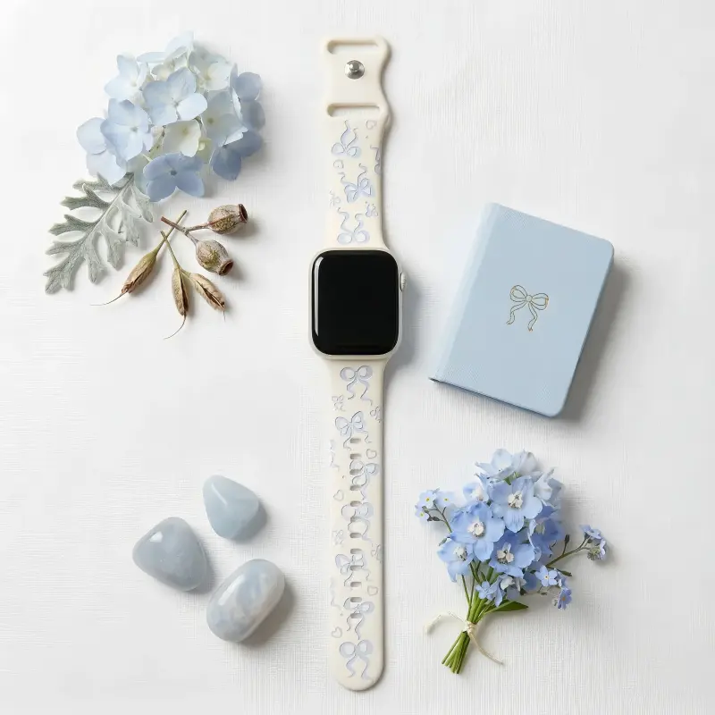 White Silicone Apple Watch Band with Baby Blue Bow Pattern Modern Vintage Wristband for Women.
