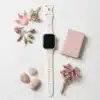 Pretty White Silicone Apple Watch Band with Baby Pink Bow Pattern Modern Vintage Wristband for woman