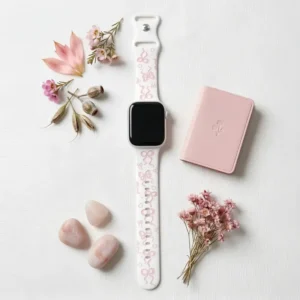 White Silicone Apple Watch Band with Baby Pink Bow Pattern Modern Vintage Wristband for woman
