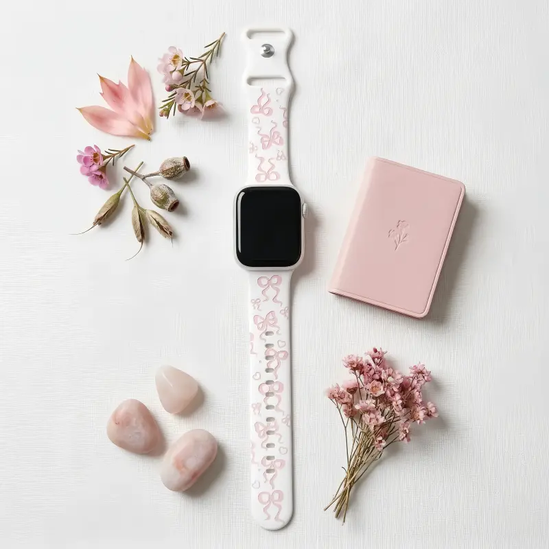 White Silicone Apple Watch Band with Baby Pink Bow Pattern Modern Vintage Wristband for woman