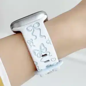 Pretty White Silicone Apple Watch Band with Baby Blue Bow Pattern Modern Vintage Wristband for Women.