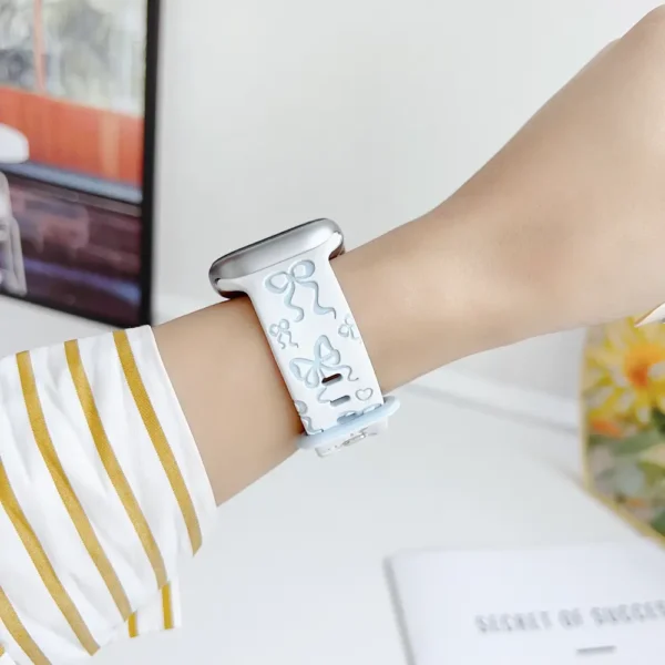 White Silicone Apple Watch Band with Baby Blue Bow Pattern Modern Vintage Wristband for Women.