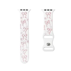 White Silicone Apple Watch Band with Baby Pink Bow Pattern Modern Vintage Wristband for woman