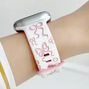 Pretty White Silicone Apple Watch Band with Baby Pink Bow Pattern Modern Vintage Wristband for women