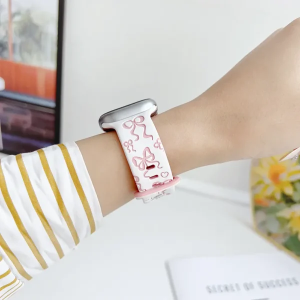 White Silicone Apple Watch Band with Baby Pink Bow Pattern Modern Vintage Wristband for woman