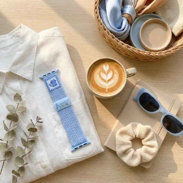 Baby blue kitten braided loop Apple Watch band, comfortable adjustable nylon strap with magnetic clasp.