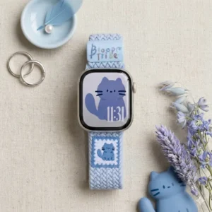 Baby blue kitten braided loop Apple Watch band, comfortable adjustable nylon strap with magnetic clasp.