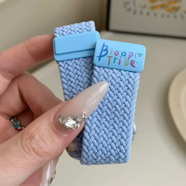 Baby blue kitten braided loop Apple Watch band, comfortable adjustable nylon strap with magnetic clasp.