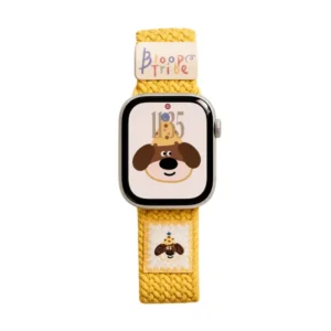 Buttercream yellow puppy braided loop Apple Watch band, comfortable adjustable nylon strap.