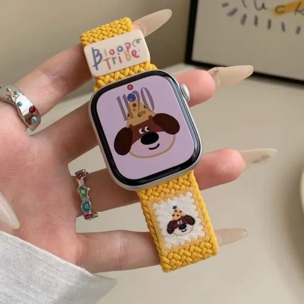 Buttercream yellow puppy braided loop Apple Watch band, comfortable adjustable nylon strap.