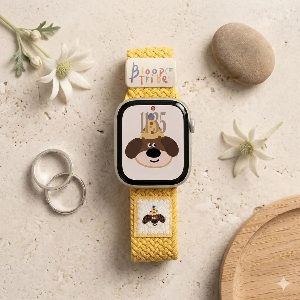 Buttercream yellow puppy braided loop Apple Watch band, comfortable adjustable nylon strap.