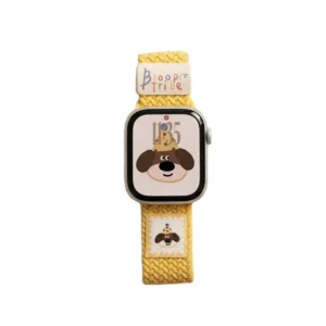 Buttercream yellow puppy braided loop Apple Watch band, comfortable adjustable nylon strap.