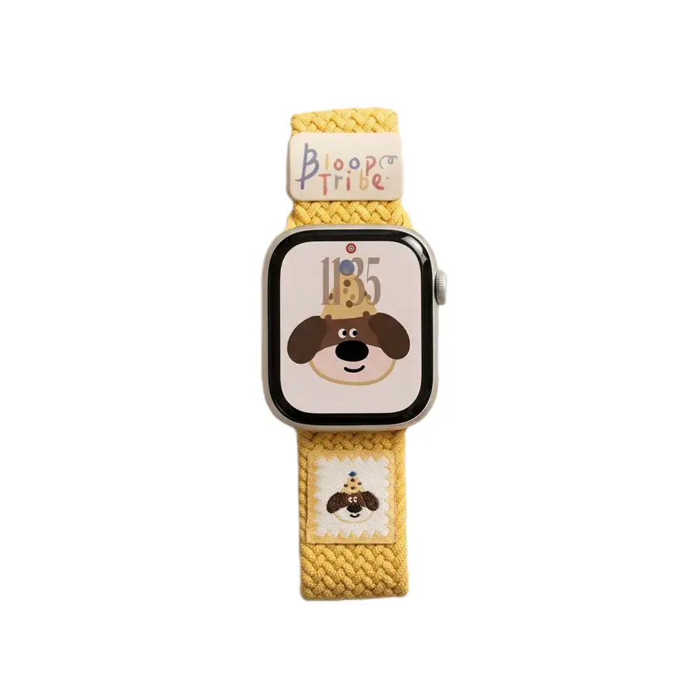 Buttercream yellow puppy braided loop Apple Watch band, comfortable adjustable nylon strap.