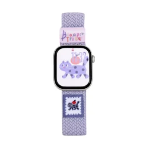 Lavender purple kitten braided loop Apple Watch band for women, comfortable adjustable nylon strap with magnetic clasp.