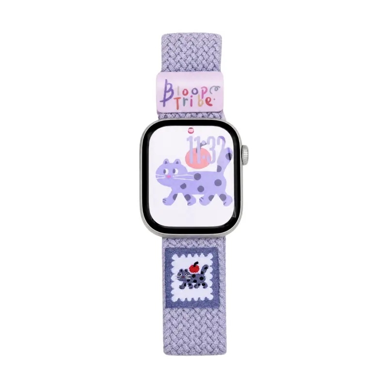 Lavender purple kitten braided loop Apple Watch band for women, comfortable adjustable nylon strap with magnetic clasp.