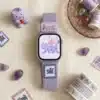 Lavender purple kitten braided loop Apple Watch band for women, comfortable adjustable nylon strap with magnetic clasp.