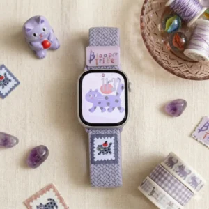 Lavender purple kitten braided loop Apple Watch band for women, comfortable adjustable nylon strap with magnetic clasp.