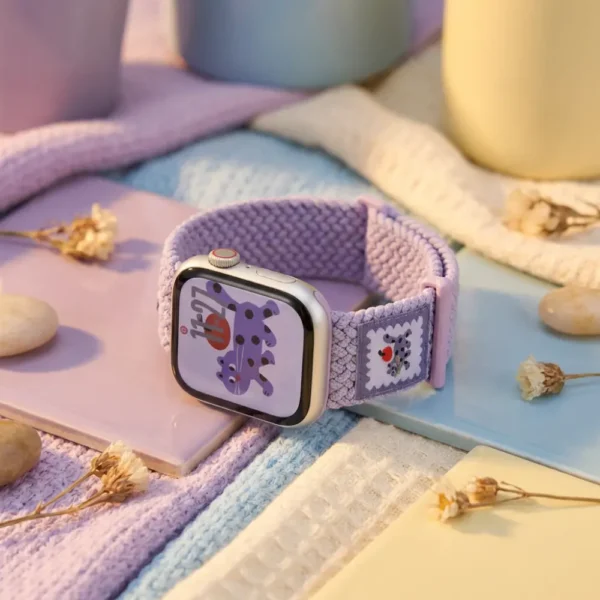 Lavender purple kitten braided loop Apple Watch band for women, comfortable adjustable nylon strap with magnetic clasp.