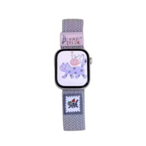 Lavender purple kitten braided loop Apple Watch band for women, comfortable adjustable nylon strap with magnetic clasp.