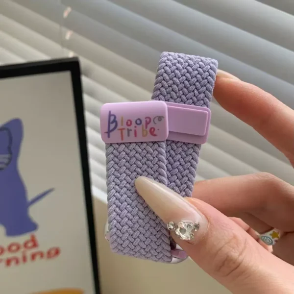 Lavender purple kitten braided loop Apple Watch band for women, comfortable adjustable nylon strap with magnetic clasp.