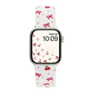 White Silicone Apple Watch Strap with Red Cherry and Blue Bow Pattern