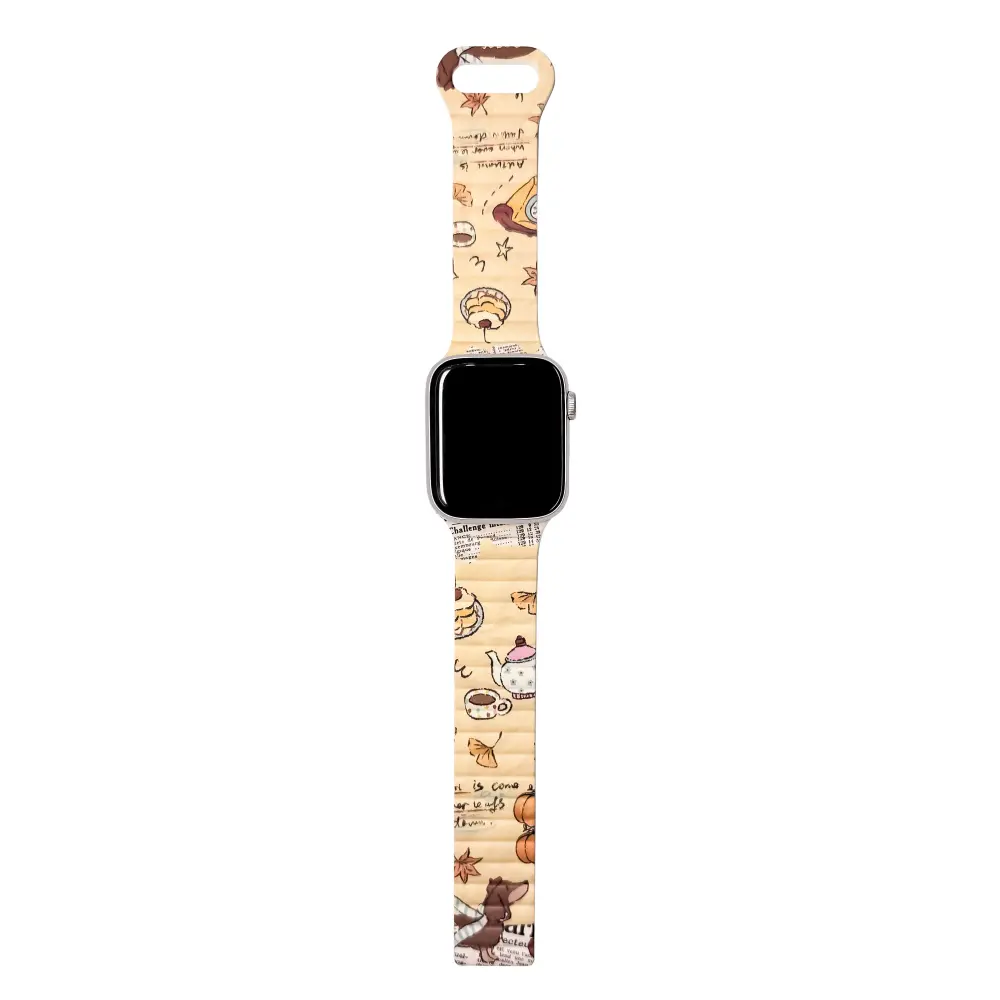 Magnetic Apple Watch Band featuring light brown autumn tea pattern with cute dogs and falling leaves.