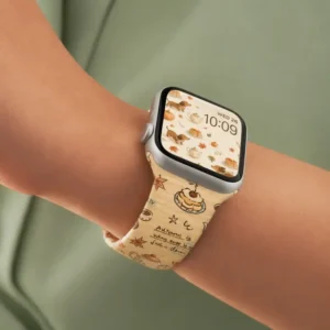 Magnetic Apple Watch Band featuring light brown autumn tea pattern with cute dogs and falling leaves.