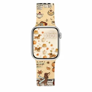 Magnetic Apple Watch Band featuring light brown autumn tea pattern with cute dogs and falling leaves.