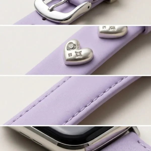 Lilac purple leather Apple Watch band for women with a silver metal heart charm.